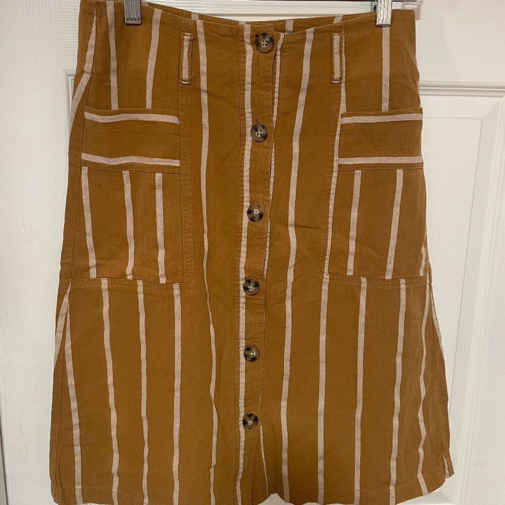 Indigo Rising Brown/Tan Striped Cotton/Linen Button Skirt with Pockets - M